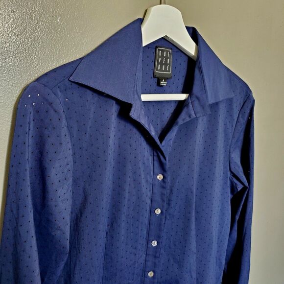 Due Per Due Shirt Women's Size 6 Navy Blue Long Sleeve Button Up Dot Business - Picture 3 of 8